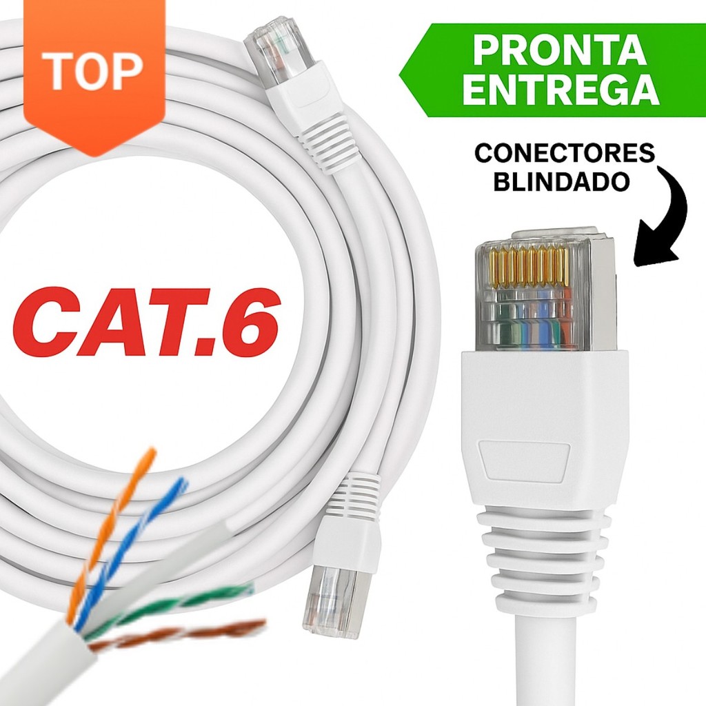 Cabo de Rede Cat6 BRANCO C/ CONECTOR BLINDADO 1GIGA para Internet – 5M A 30M (Interno/Externo)