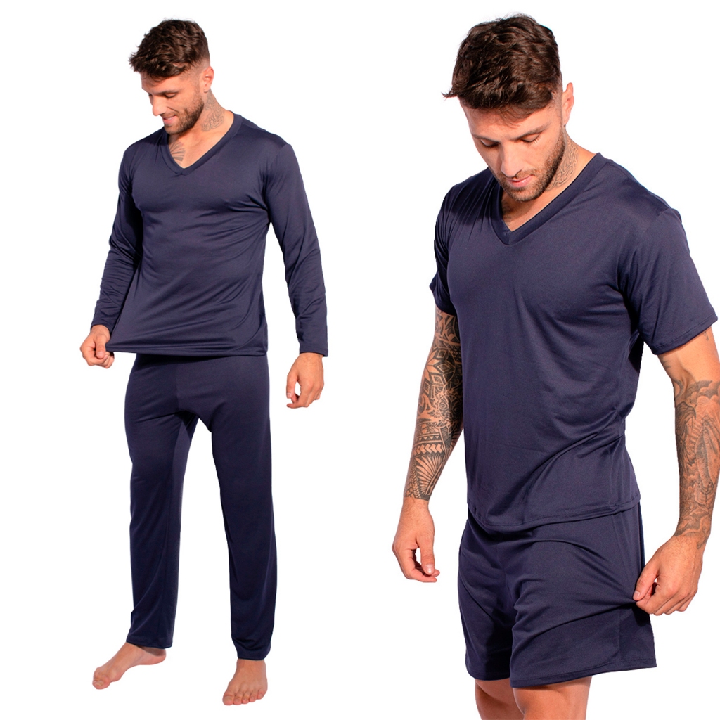 Kit 2 Pijamas Masculinos Manga Longa e Manga curta Linha Noite Suede Verão e Inverno