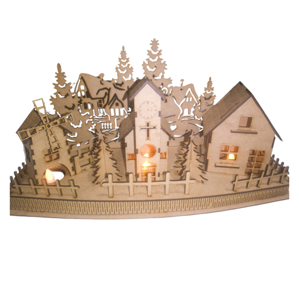 kit 03 Casinha com cerca e base MDF, vila natalinha, diorama, maquete,