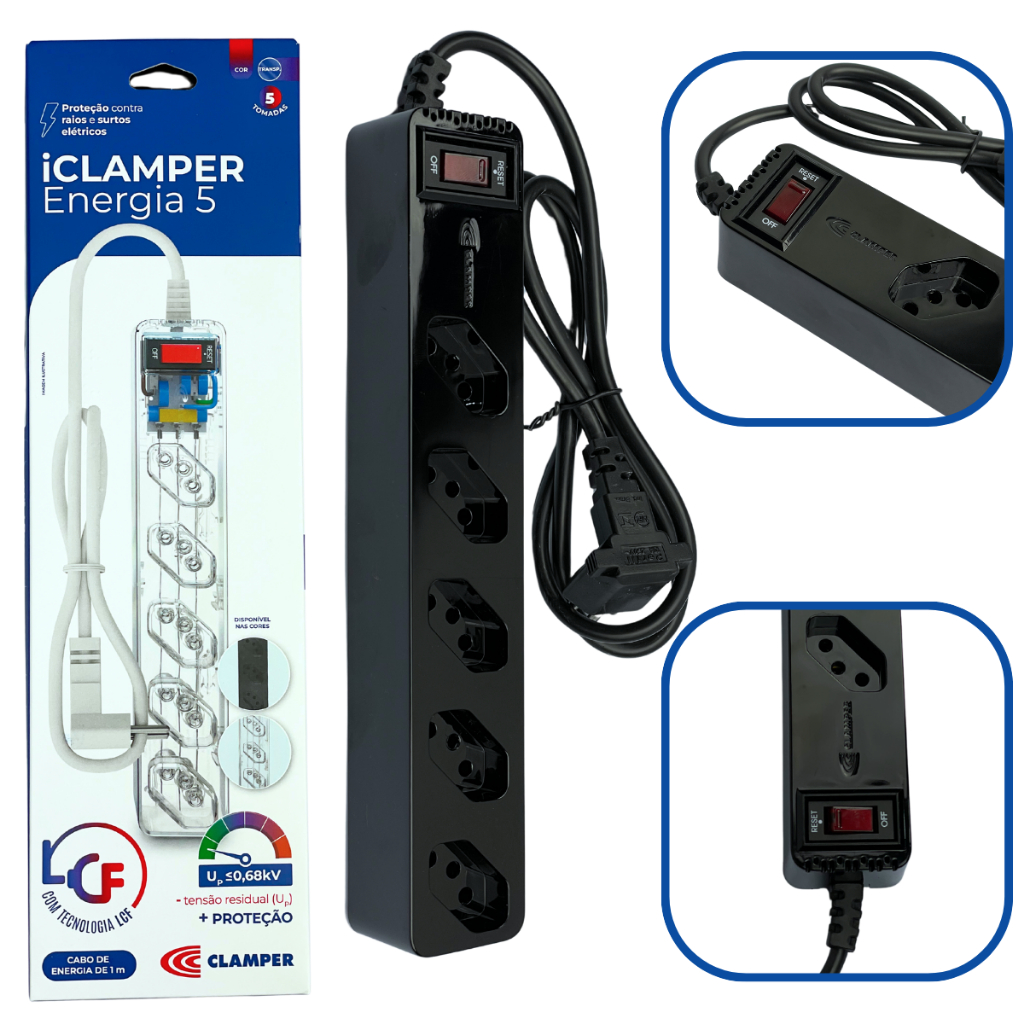Filtro De Linha DPS IClamper com Tomadas 10A com Tecnologia e Proteção LCF versão com 3,5,8 Tomadas