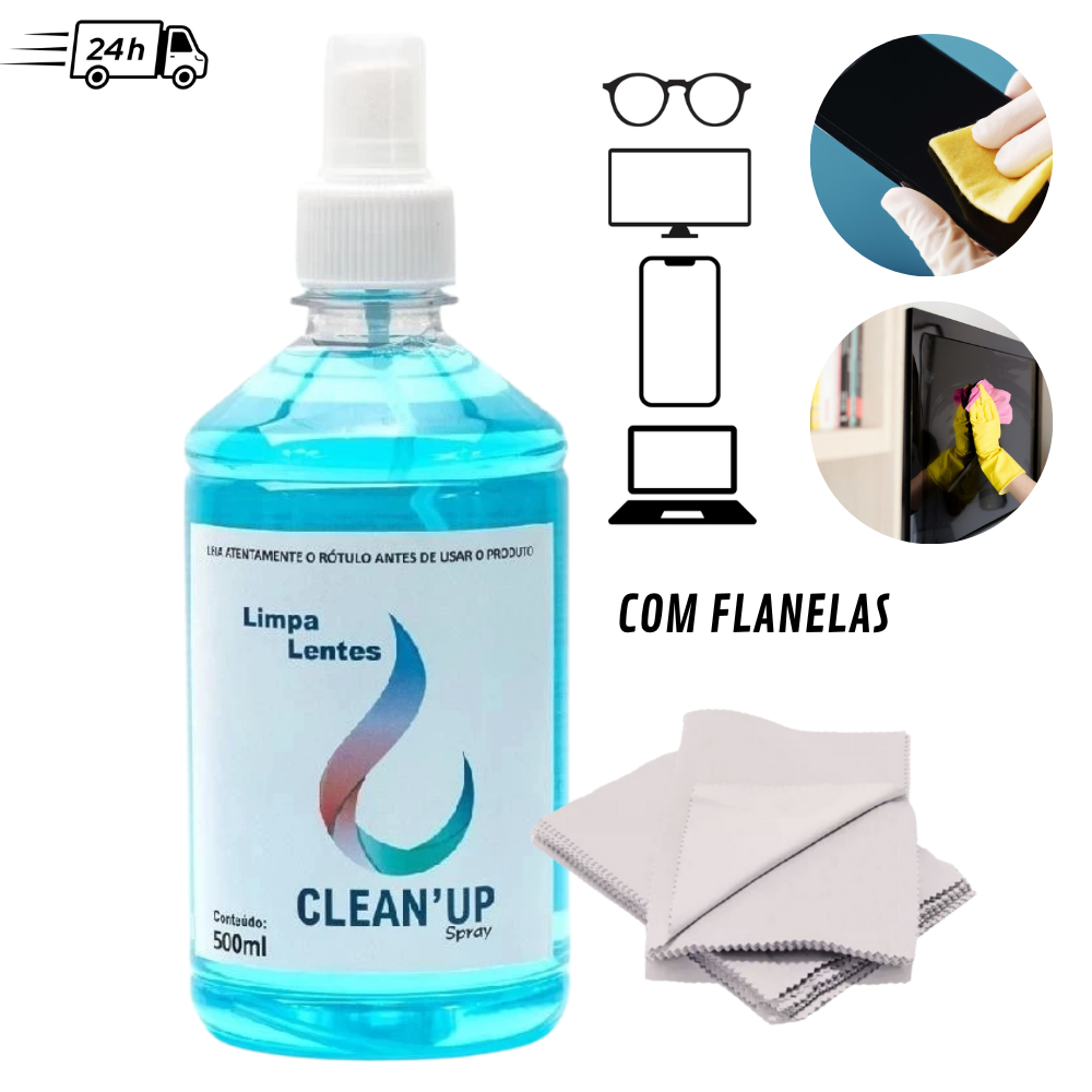 Limpa lentes 500ml oculos tela de celular tv notebook clean up grande spray com flanela mágica
