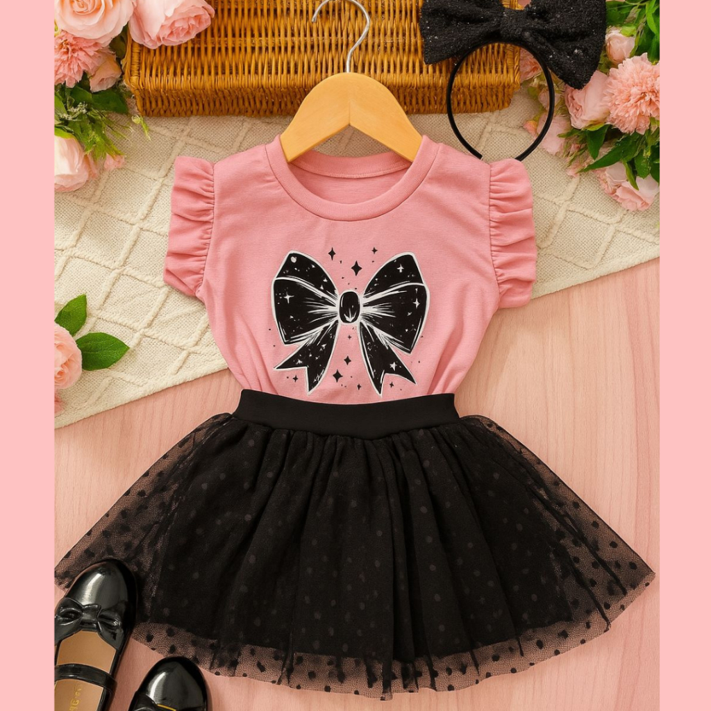 Conjunto Infantil Menina Blusa Laço Rosa + Short Saia Tule   Look Fashion Primavera Verão