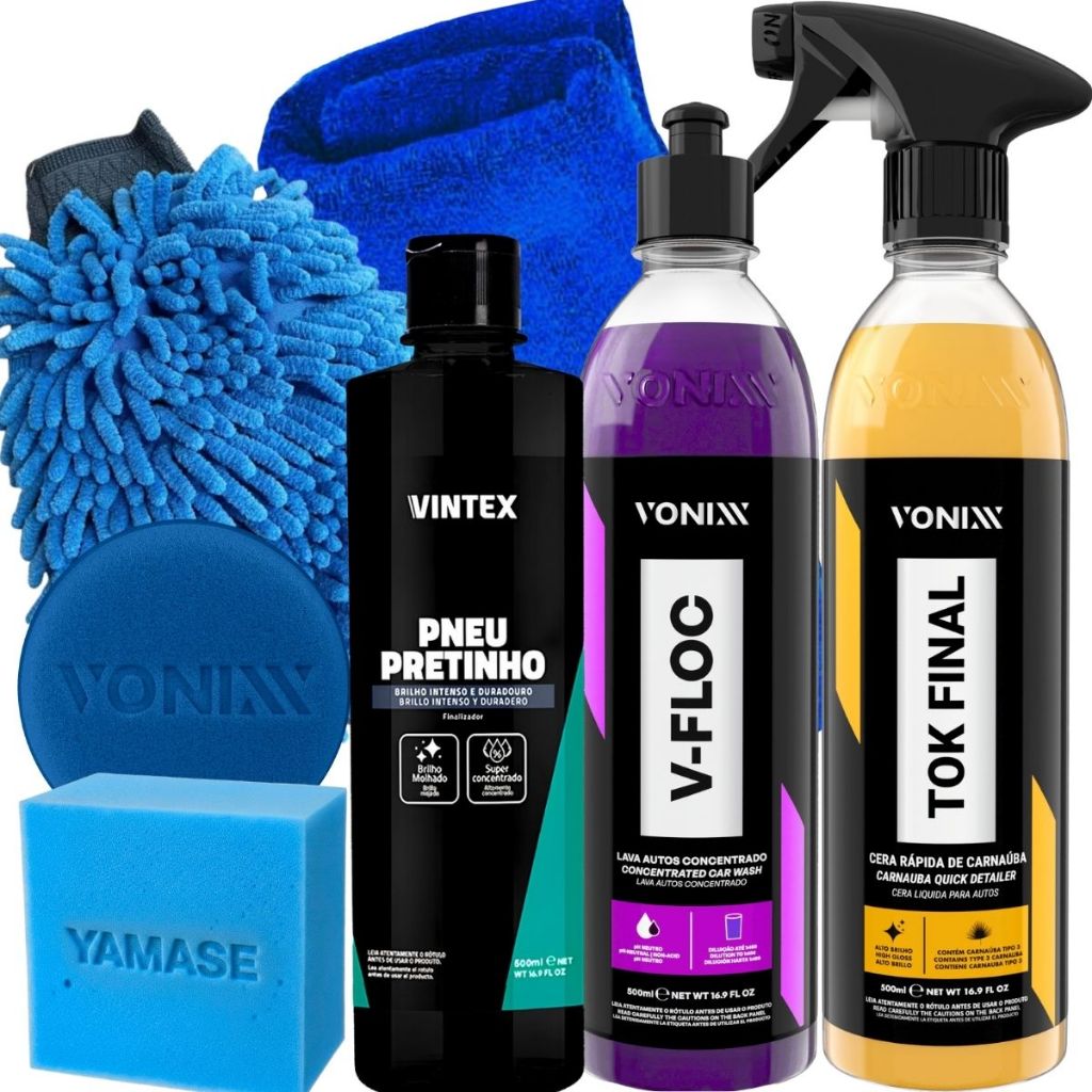 Kit Para Lavar Moto Pneu Pretinho Shampoo V-Floc Cera Tok Final Carnauba Vonixx 500ML Luva e Pano Mi