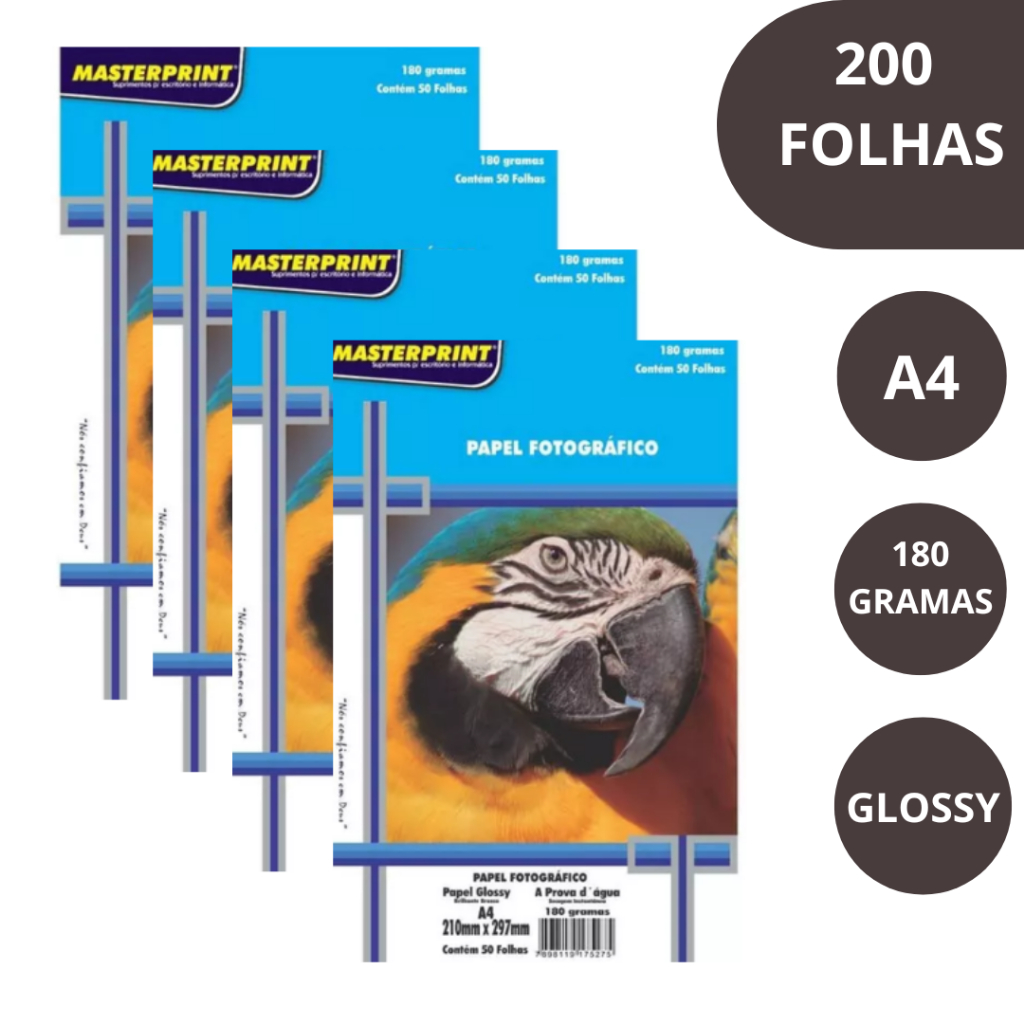 Papel Fotográfico 180g A4 Glossy Brilhante à Prova Dágua MASTERPRINT