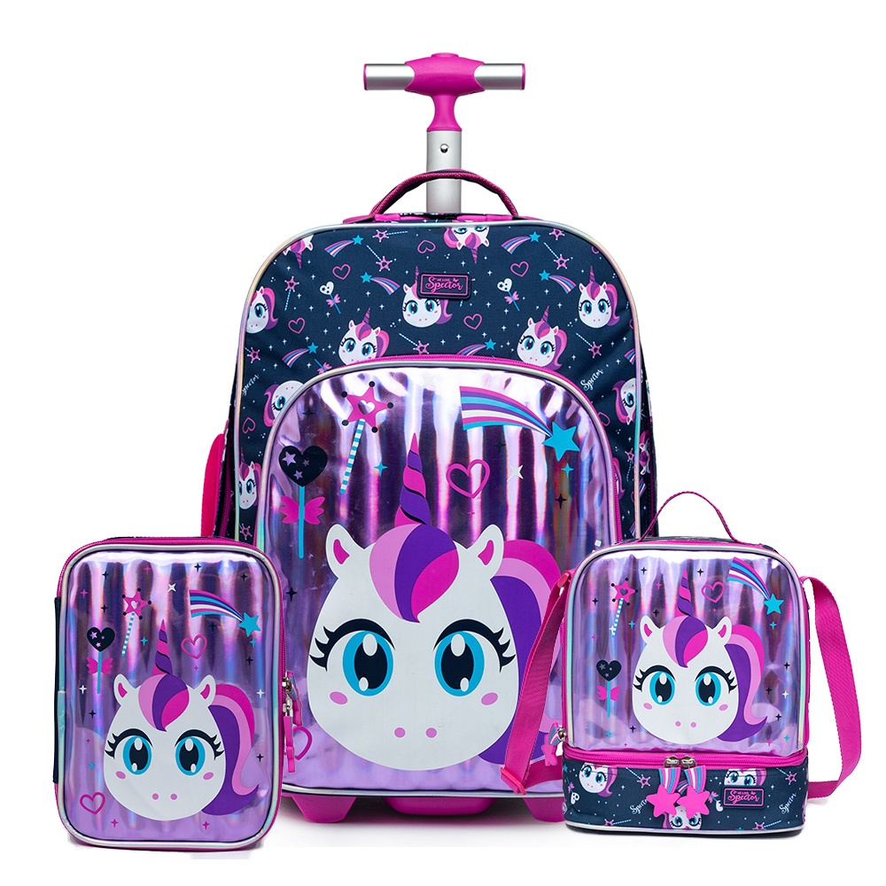 Kit Completo Mochila Rodinhas Lancheira Estojo Unicórnio Menina Roxa Escolar Infantil Spector