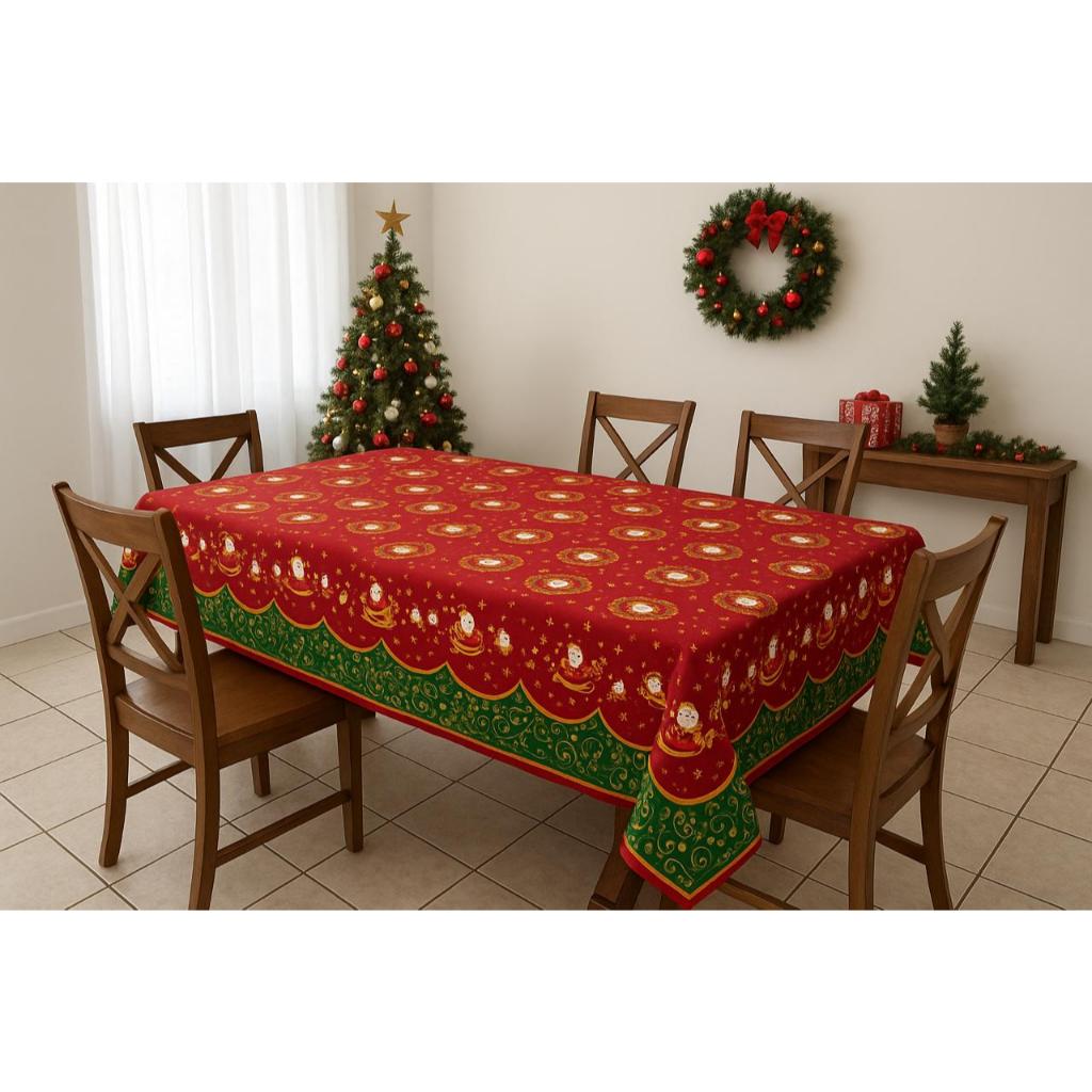 Toalha de Mesa Oxford Festiva Natalina Natal Papai Noel  para 4 e 6 Lugares