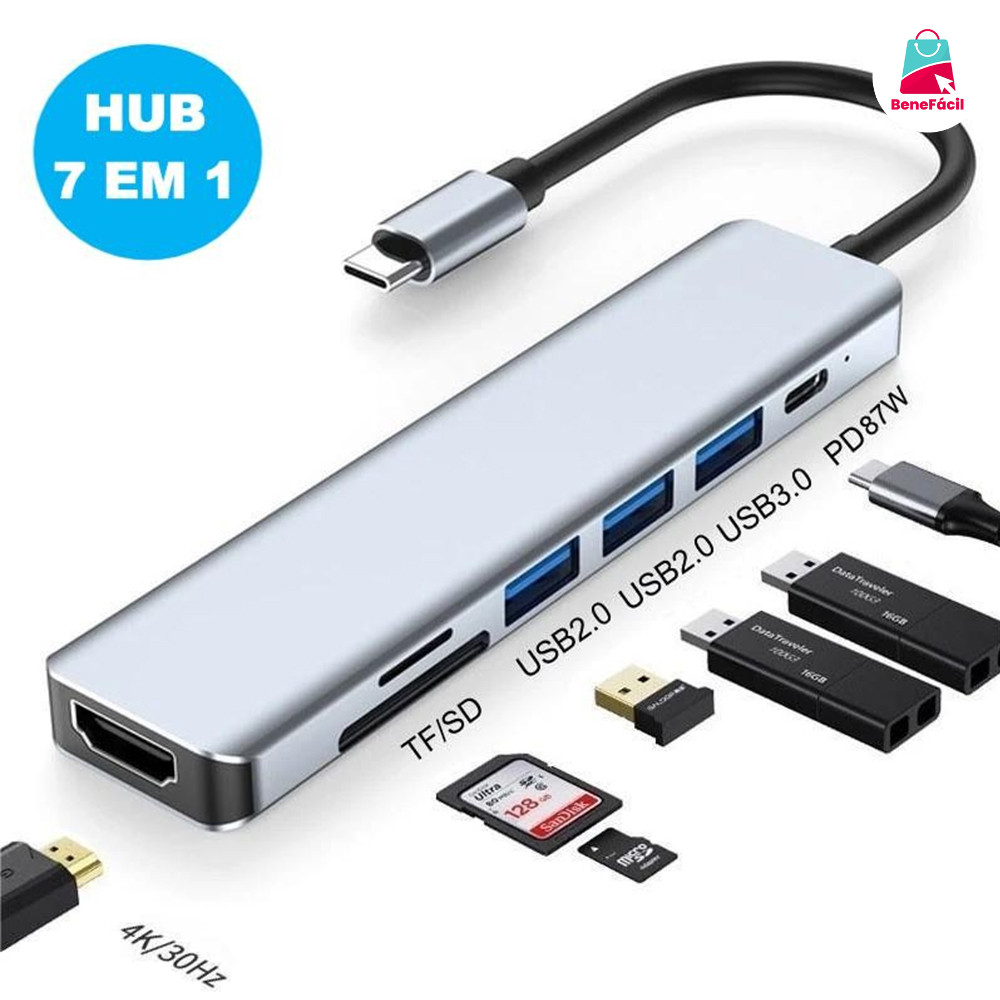 Conversor USB-C Multifuncional 7 em 1 – 4K 30Hz, USB Duplo e Leitor de Cartões Dual