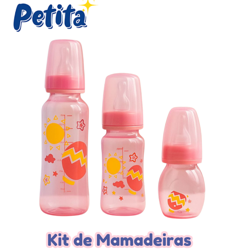 Kit de Mamadeiras Petita 3 Unid (60ml, 140ml, 240ml) | Bico Cristal Redondo | Livre de BPA | Mamadei