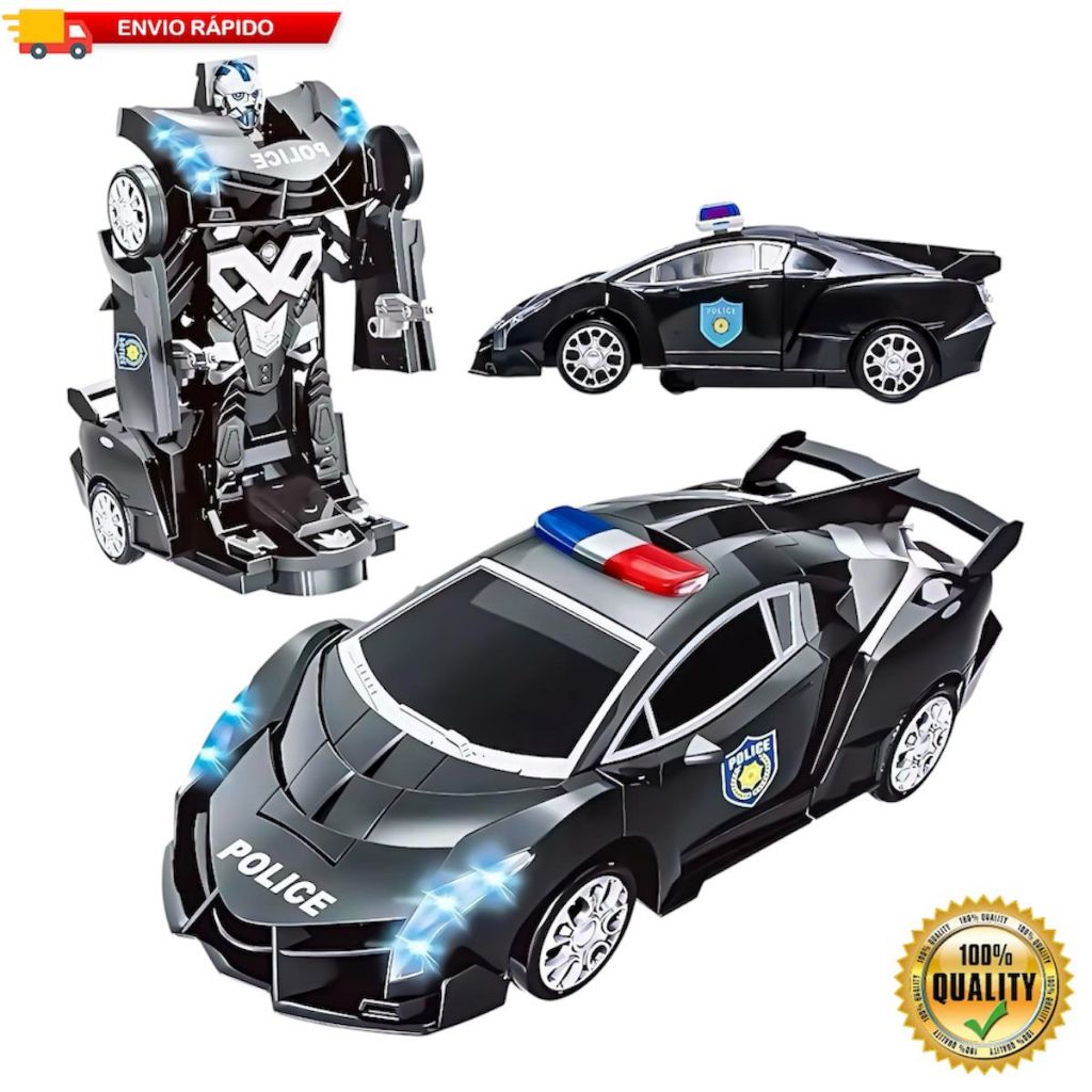 Carrinho Robô Policial 2 em 1  Brinquedo Transforme Infantil c/ Luzes e Sons