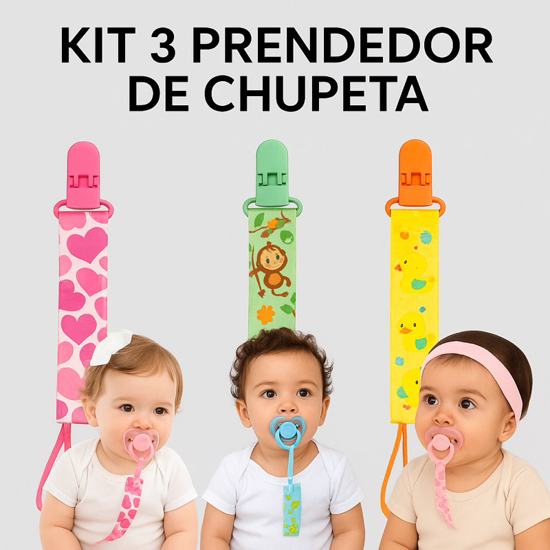 Prendedor de Chupeta para Bebê em Tecido com Clip  3 Unidades