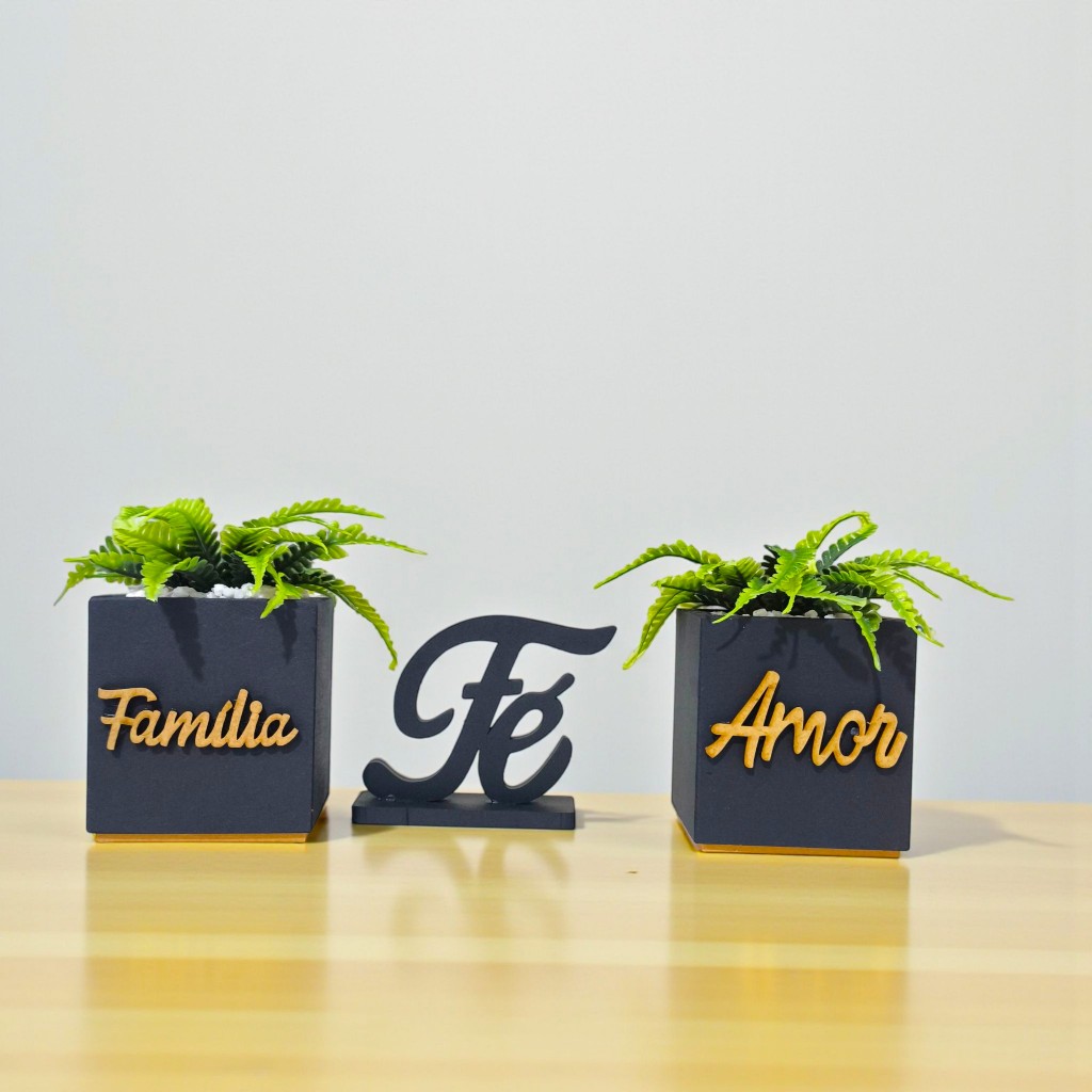 kit Vasinho Amor decorativo Com plantinhas artificiais + Letreiro FÈ