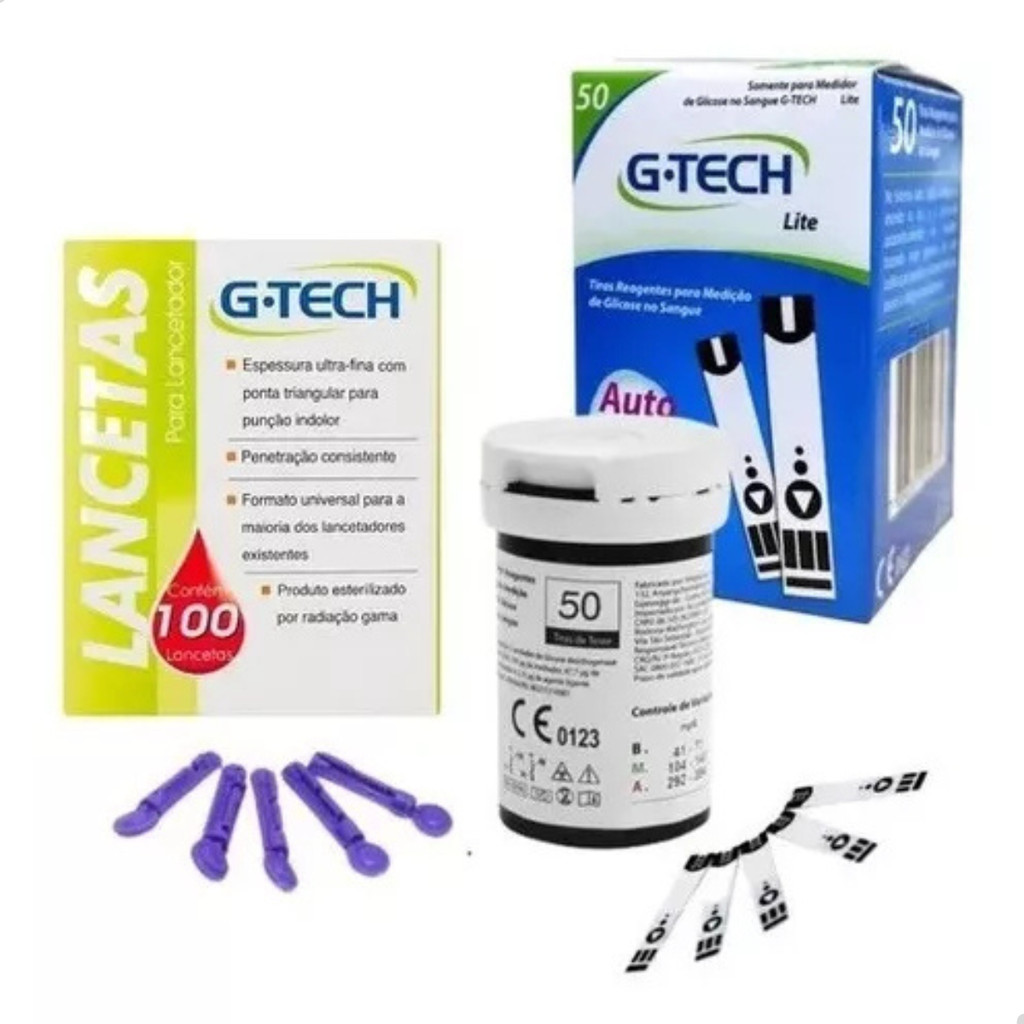Kit Tiras Reagentes Medição de Insulina 50 Unidades + Lanceta 100 Unidades – G-Tech – Lite