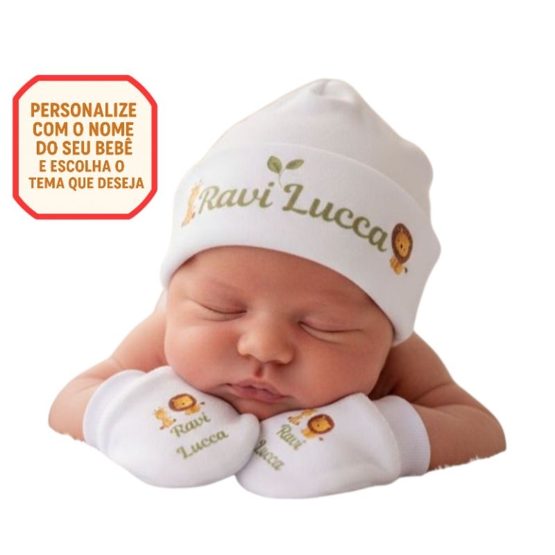 Kit touca e luvas personalizadas bebê RN, saida maternidade, nome do bebê