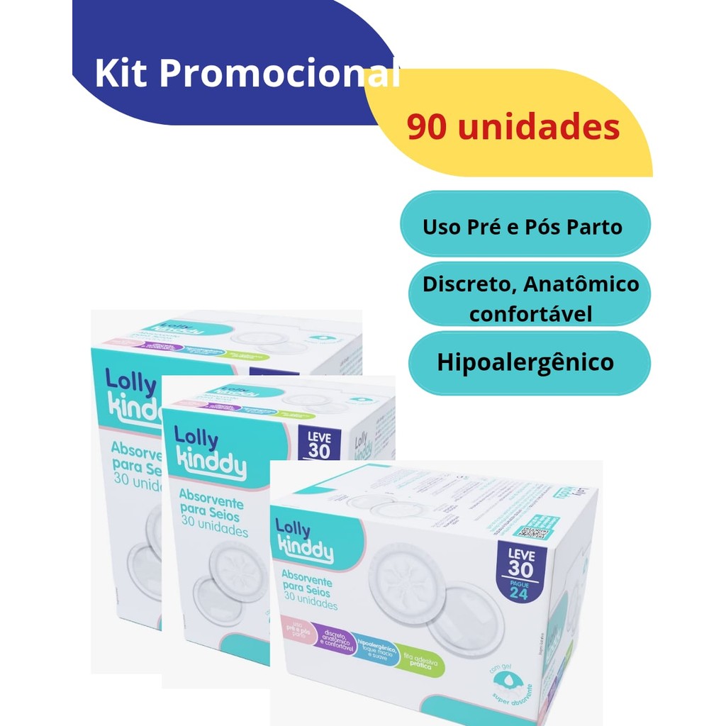 Kit 60 Absorventes para Seios Lolly uso pré e pós parto 2 caixas com 30 UNIDADES