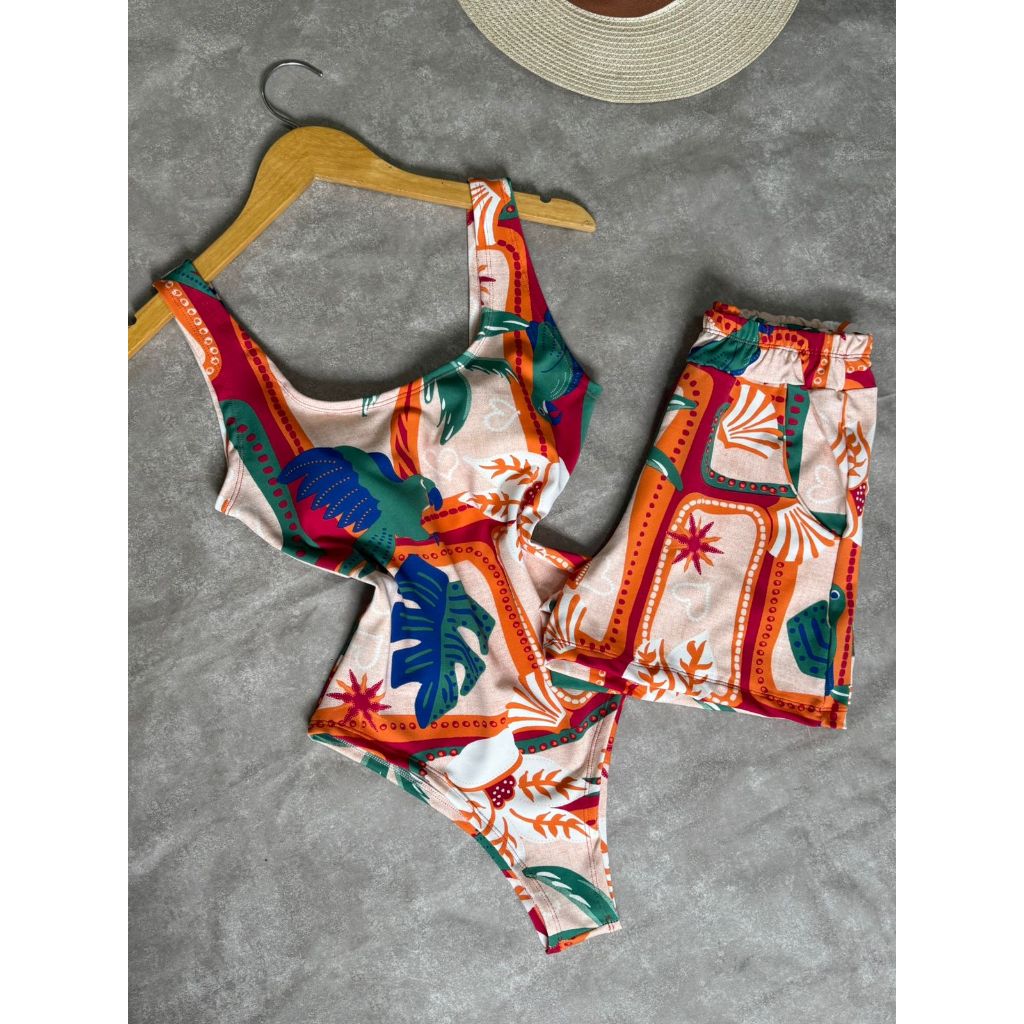 Conjunto Body Maio Suplex Feminino Estampado Short Cintura Alta Verão Tendência Moda Blogueira Bory