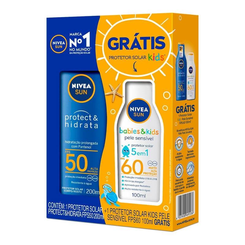 Kit Protetor Solar Facial Nivea Sun Protect E Hidrata FPS50 200ml + Corporal Nivea Sun Babies E Kids