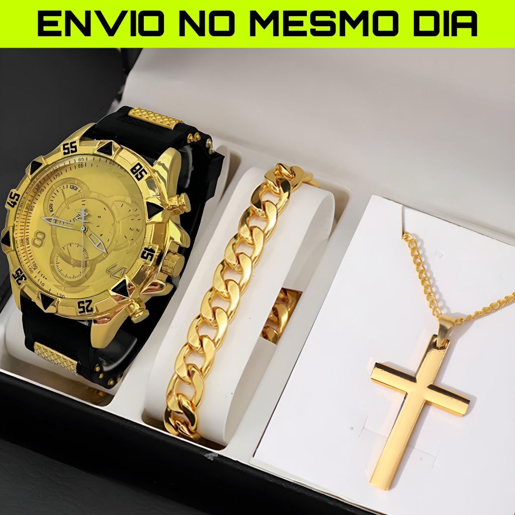 Kit Relogio Masculino Banhado a Ouro Original + Pingente + Colar com Cruz + Pulseira Premium