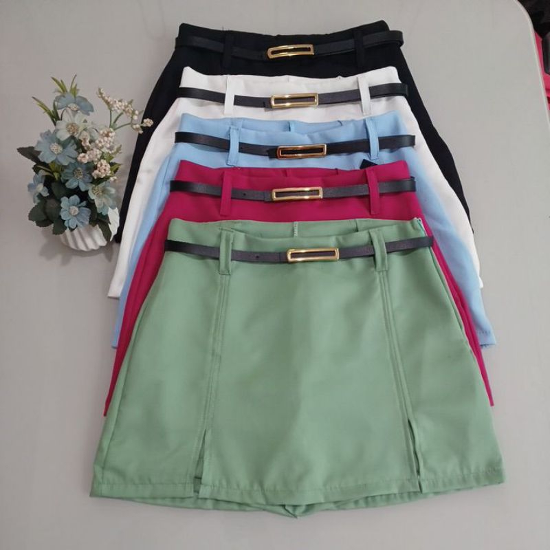 Short Saia Alfaiataria Feminina Com Zíper e Cinto