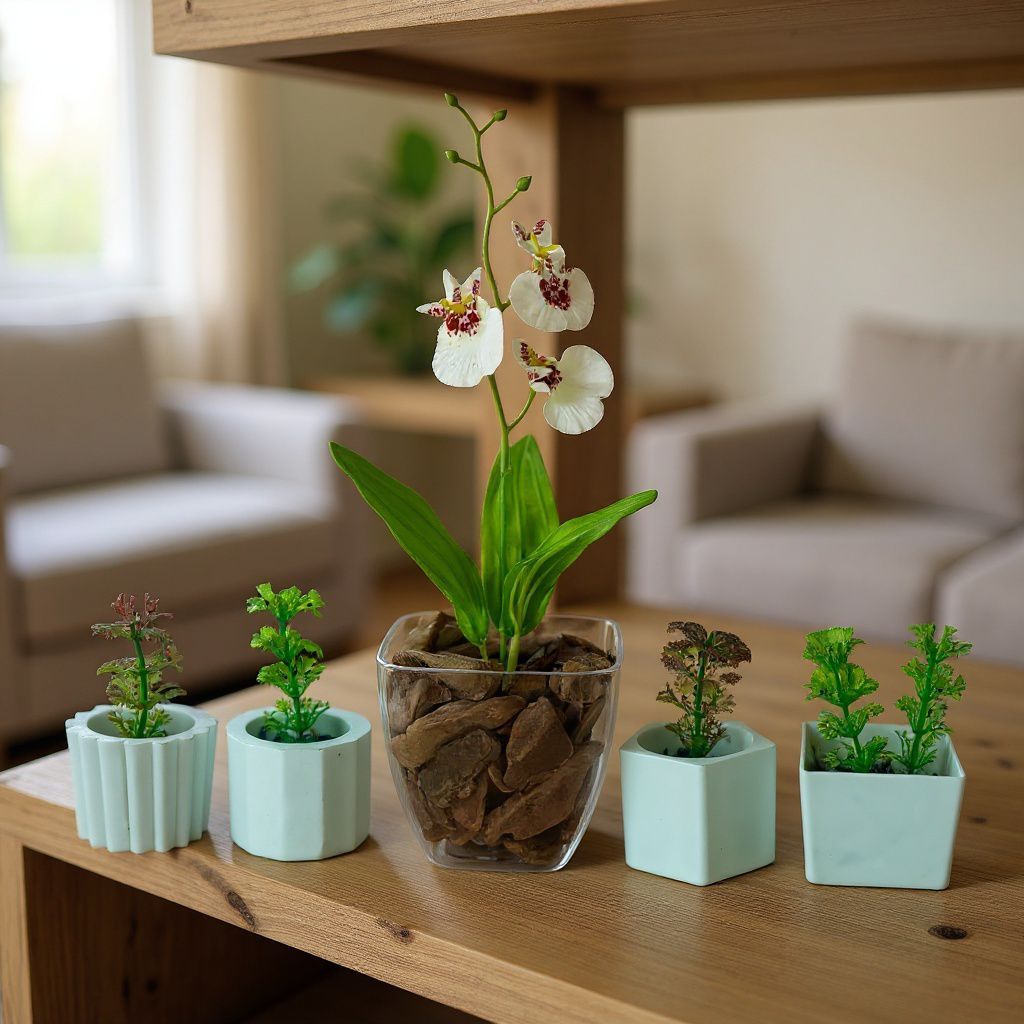 Combo Decorativo 1 Kit Acrílico + 4 Vasinhos com Folhagem Artificial