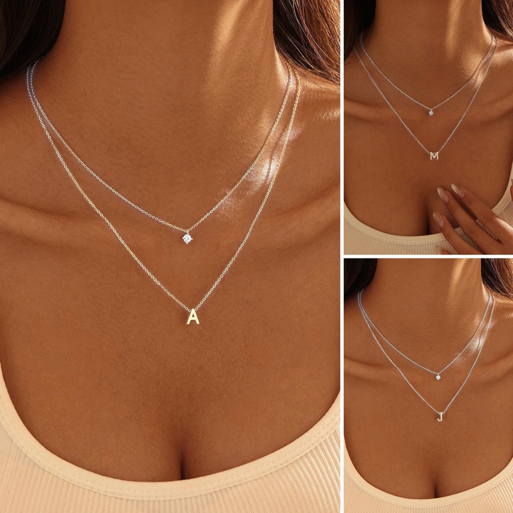 Colar duplo estiloso feminino com pingente de letra A a Z e pingente redondo de zircônia