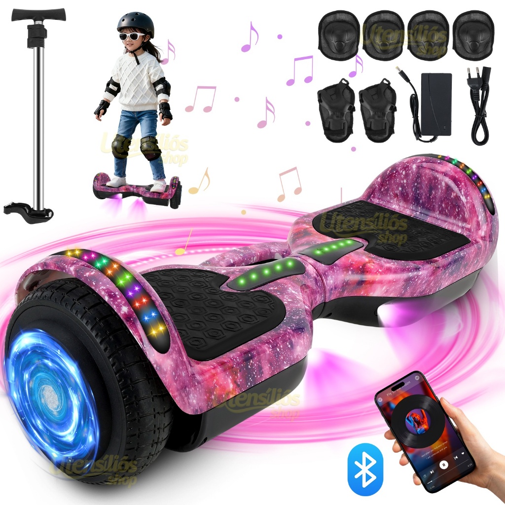 700W Hoverboard Elétrico Skate Kit Acessórios Com Bluetooth E Led Céu Estrelado Roxo