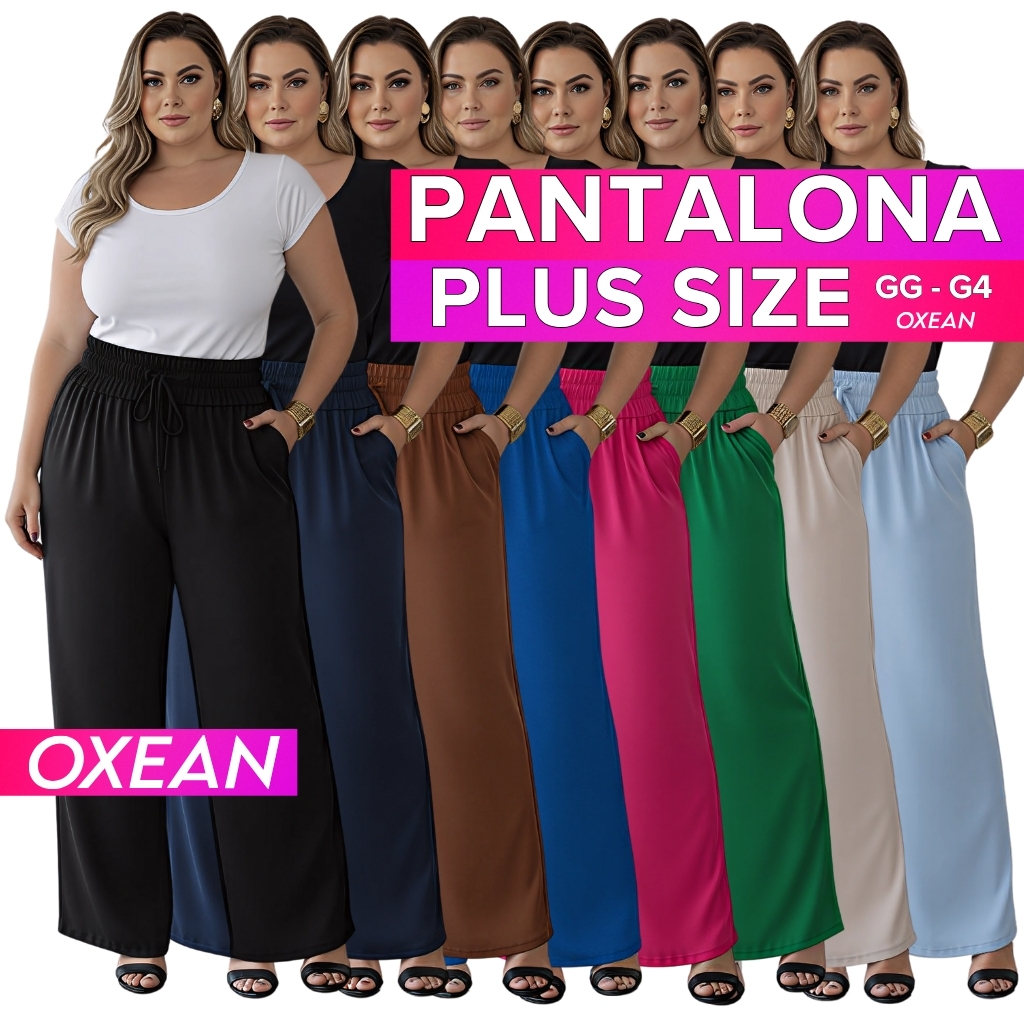 Calça Pantalona Plus Size Feminina Elástico Na Cintura Com Bolso Cintura Alta Tecido Duna