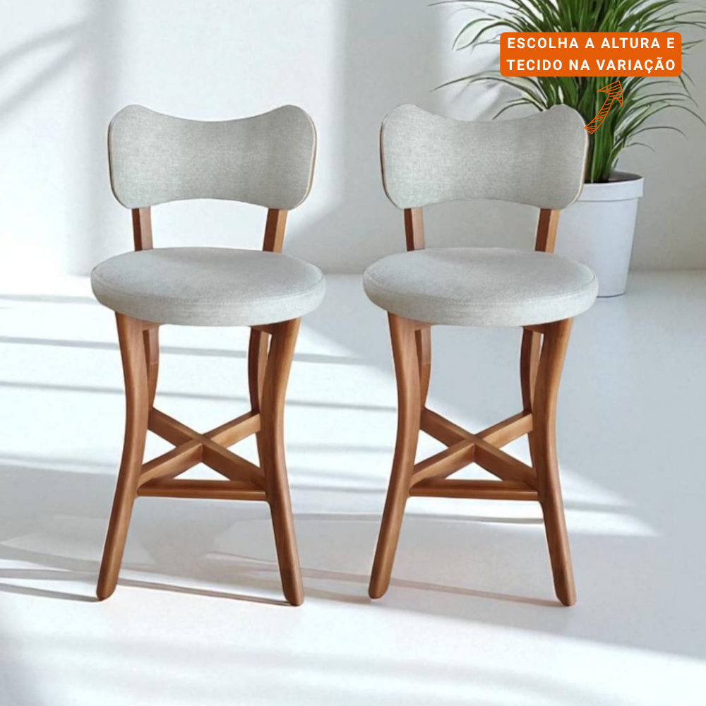 Banqueta alta balcão cozinha com Encosto Linho Bege 2 unidades Madeira Maciça Estofado Premium