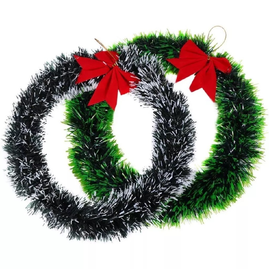 Guirlanda Festão Nevada Verde Ou Verde  25Cm Para Porta Com Laço Vermelho Enfeite De Natal Decoração