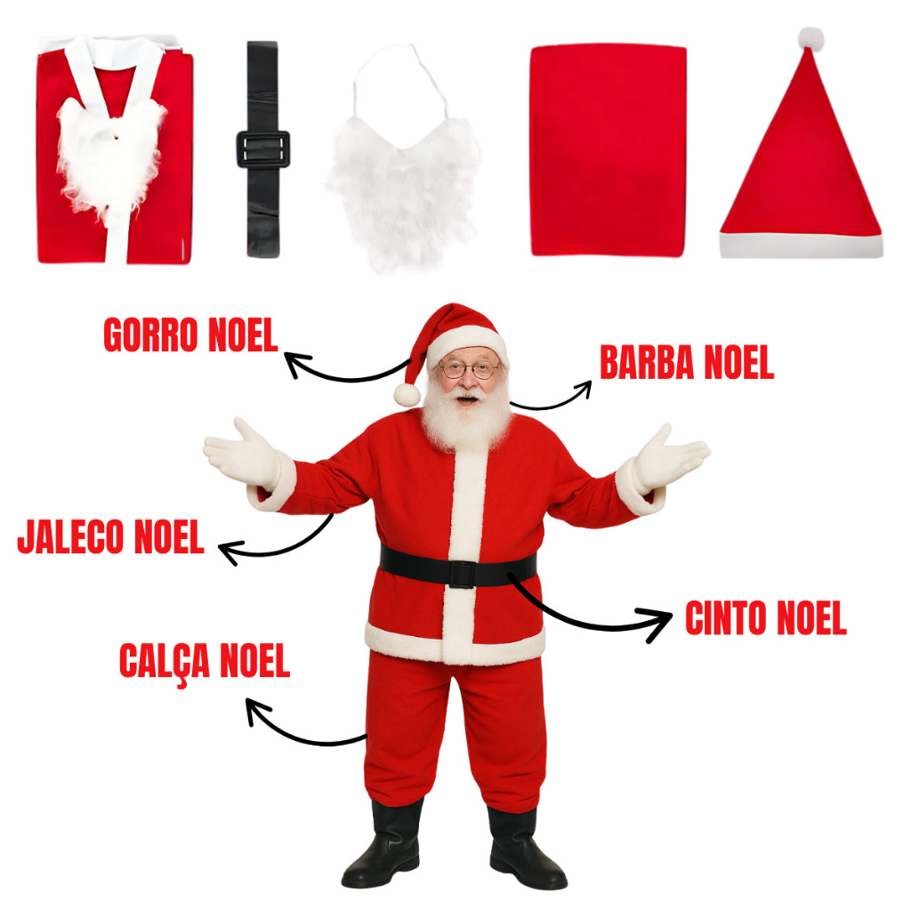 Roupa de Papai Noel 5 Peças Adulto Fantasia Completa (Gorro, Barba, Calça, Cinto e Casaco)