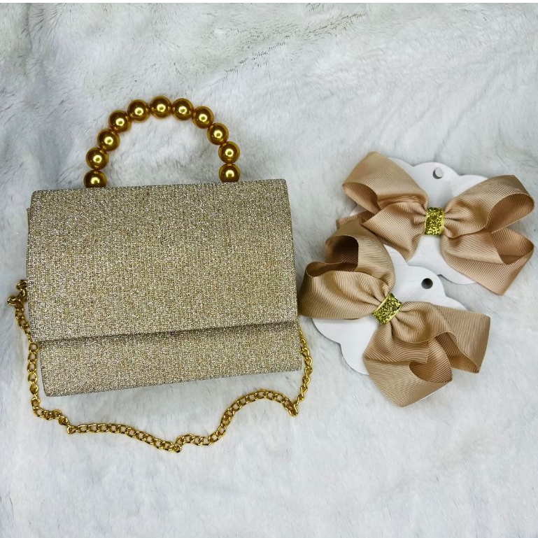 kit bolsa infantil perola + 2 laço para meninas /