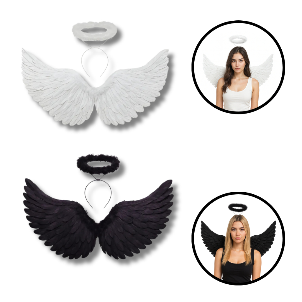 Asa e Tiara de Anjo Adulto e Infantil Fantasia Festa, Cosplay e Halloween Branca ou Preta