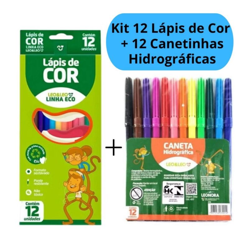 Kit lápis de Cor 12 Cores + Canetinha Hidrográfi