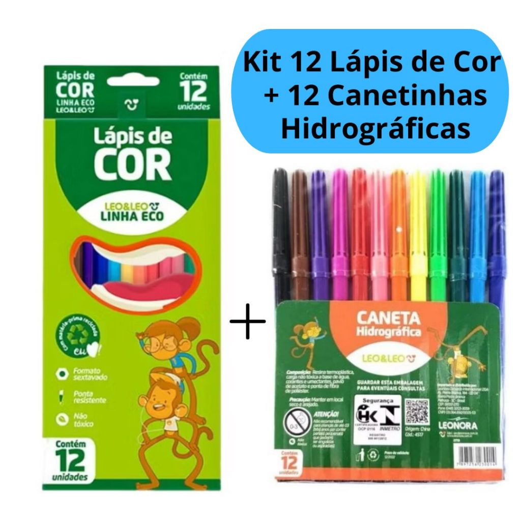 Kit lápis de Cor 12 Cores + Canetinha Hidrográfica 12 Cores Coloridas Escolar LeoELeo