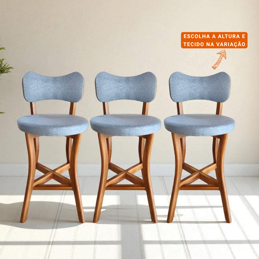 Banqueta alta balcão cozinha com Encosto Linho Cinza 3 Unid Madeira Maciça Estofado Premium