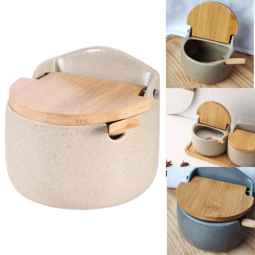 Saleiro Porcelana Sucesso de Vendas Tampa e Colher Bambu Original Moderno Porta Condimentos 450g Mek