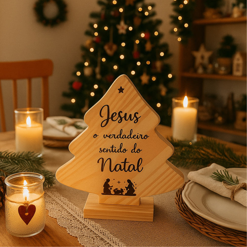 Árvore de Natal Gravada em Pinus com Jesus  Decoração Cristã para Mesa ou Presépio
