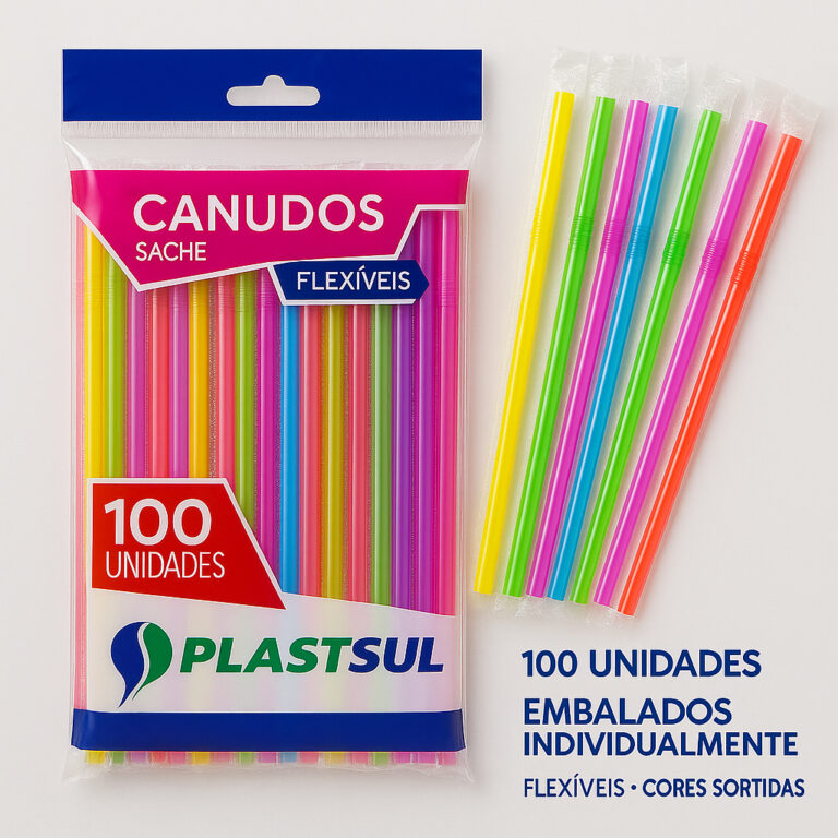 Kit 500 Canudo Flexível PlastSul Dobrável Colori