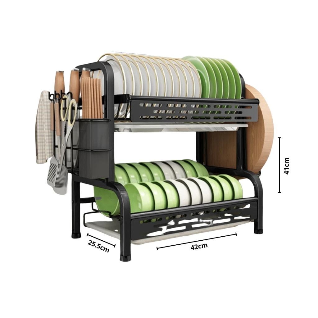 Escorredor de Louças 2 Andares 43x53cm – Organizador em Aço Inoxidável Preto para Cozinha