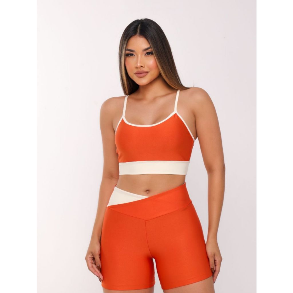 Conjunto de Academia Top Cropped e Short Curto Com Cós V Feminino Fitness Para Treino