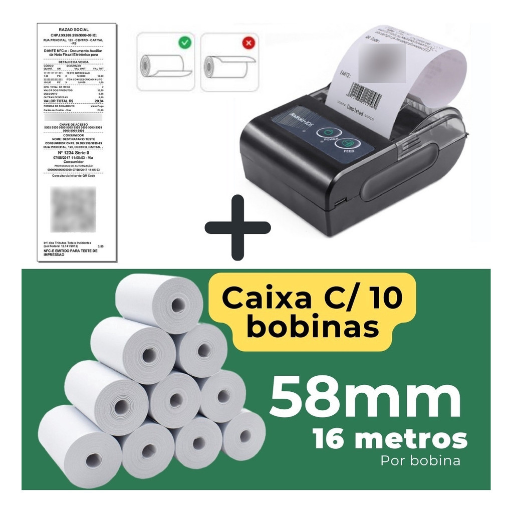 Mini Impressora Bluetooth Termica 58mm Com 10 Bobinas Lisa