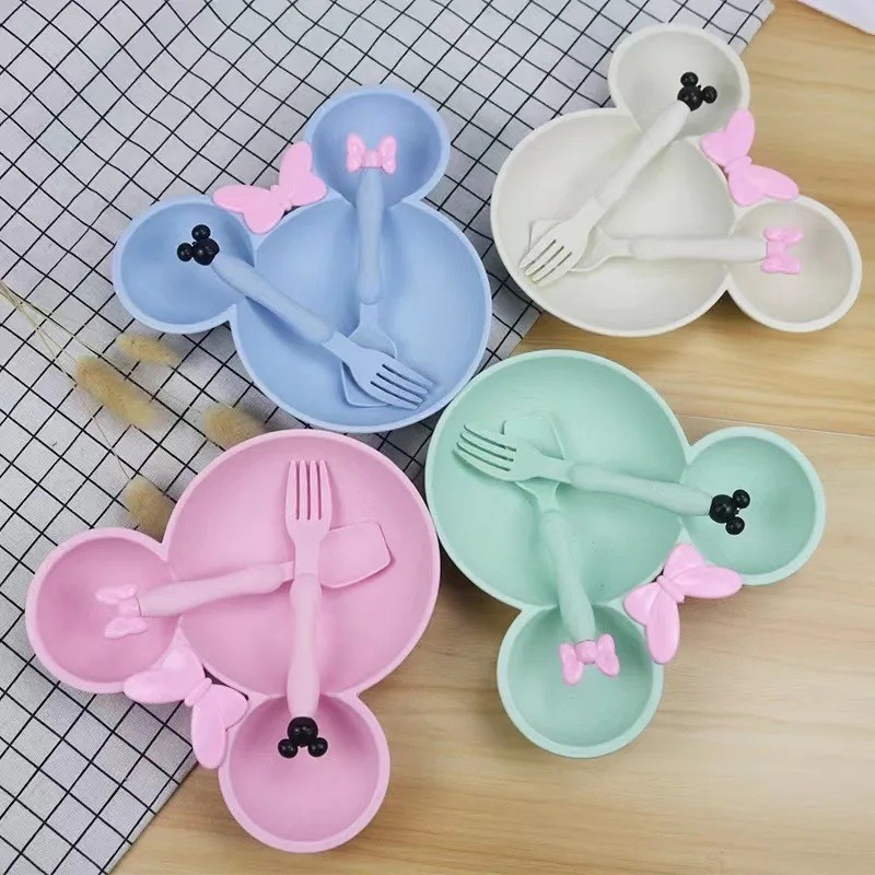 Prato Infantil Disney Minnie Colorido Com Divisórias + Talheres Plástico Orgânico Ecológico Crianças