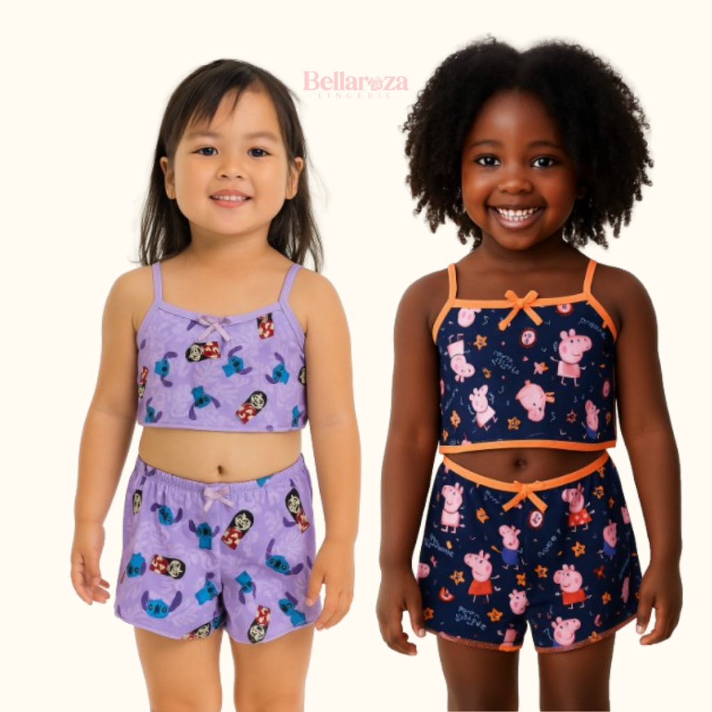 Kit 2 Pijamas Infantil Menina de Malha Babydoll Camiseta + Short Doll Verão Estampas Sortidas