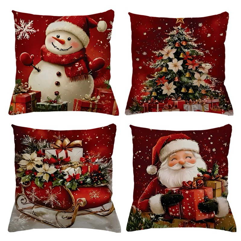KIT 4 CAPAS DE ALMOFADAS DECORATIVAS NATAL PAPAI NOEL ,BONECO DE NEVE , RENA – TAMANHO 45X45