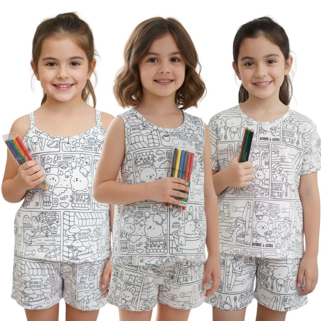 Pijama Infantil Feminino Para Colorir + 6 Canetinhas Laváveis / Desenho Criativo / Diversão e Arte