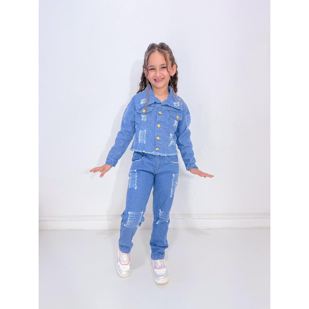 Conjunto Jeans Infantil Juvenil Feminino com perolas blogueirinha destroyd