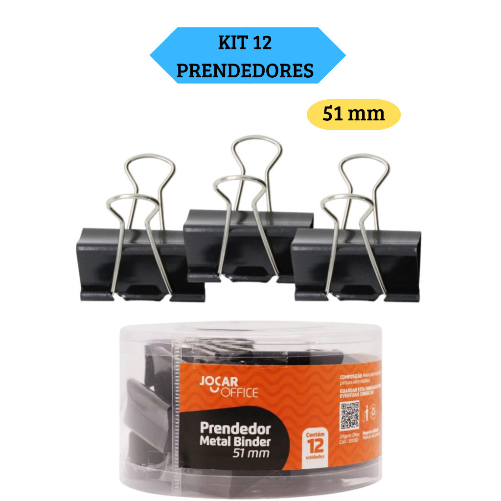 Kit 12 Prendedores Metal Binder Preto 51Mm Jocar Office