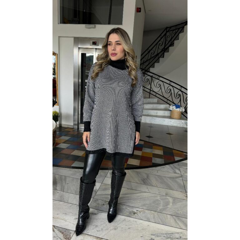 Poncho de Trico Feminino Vest Legging Quadriculado