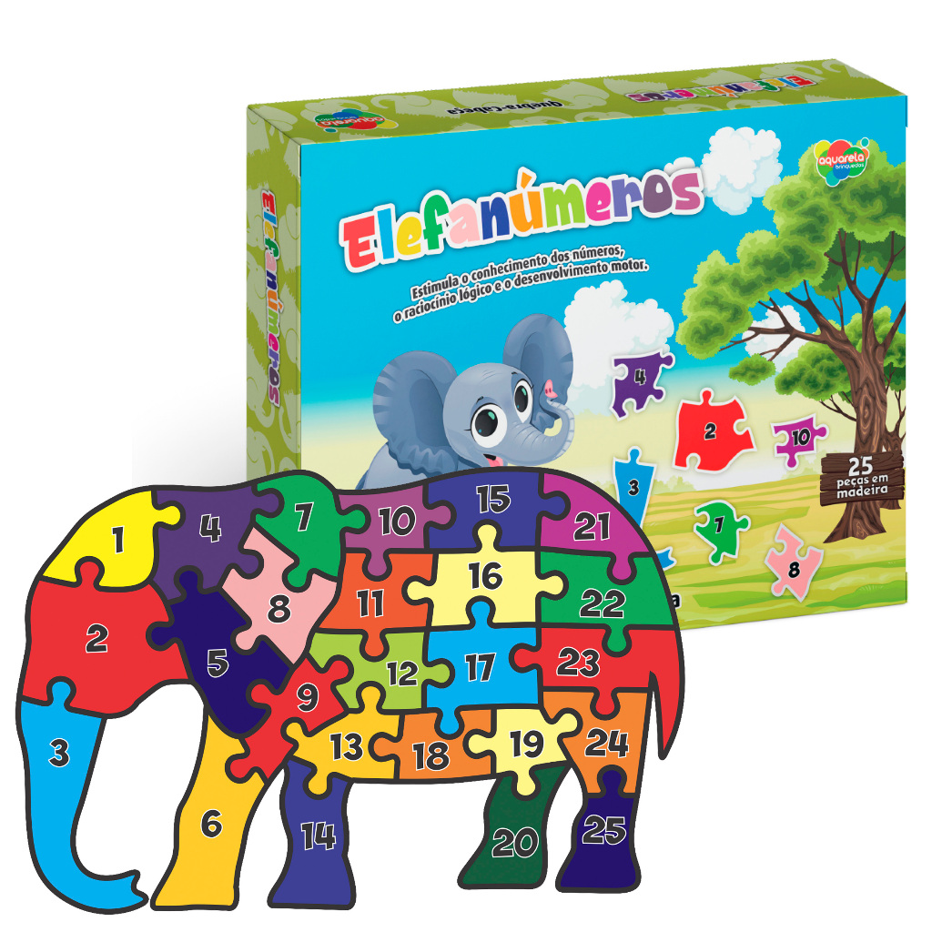 Elefanúmeros Quebra-Cabeça de Números em Madeira Educativo Infantil 25 Peças Aquarela Brinquedos