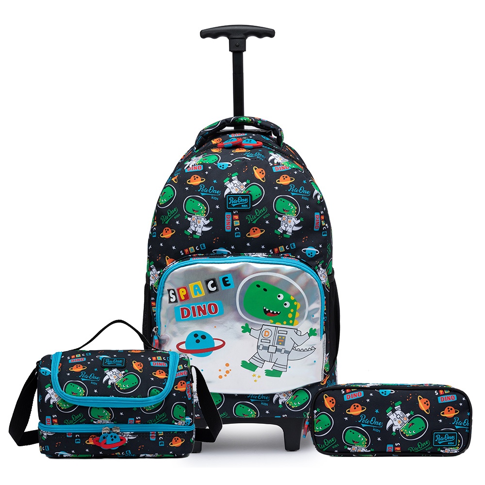 Kit Mochila Lancheira Estojo Dino Masculina Infantil Escolar Rodinha Reforçada