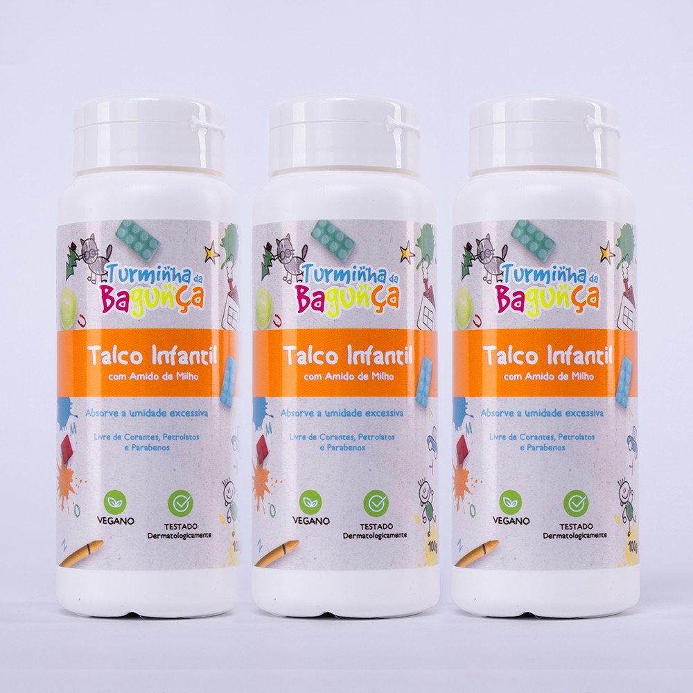 Kit 03 Talcos Infantil TURMINHA DA BAGUNÇA 100 gramas Vegano